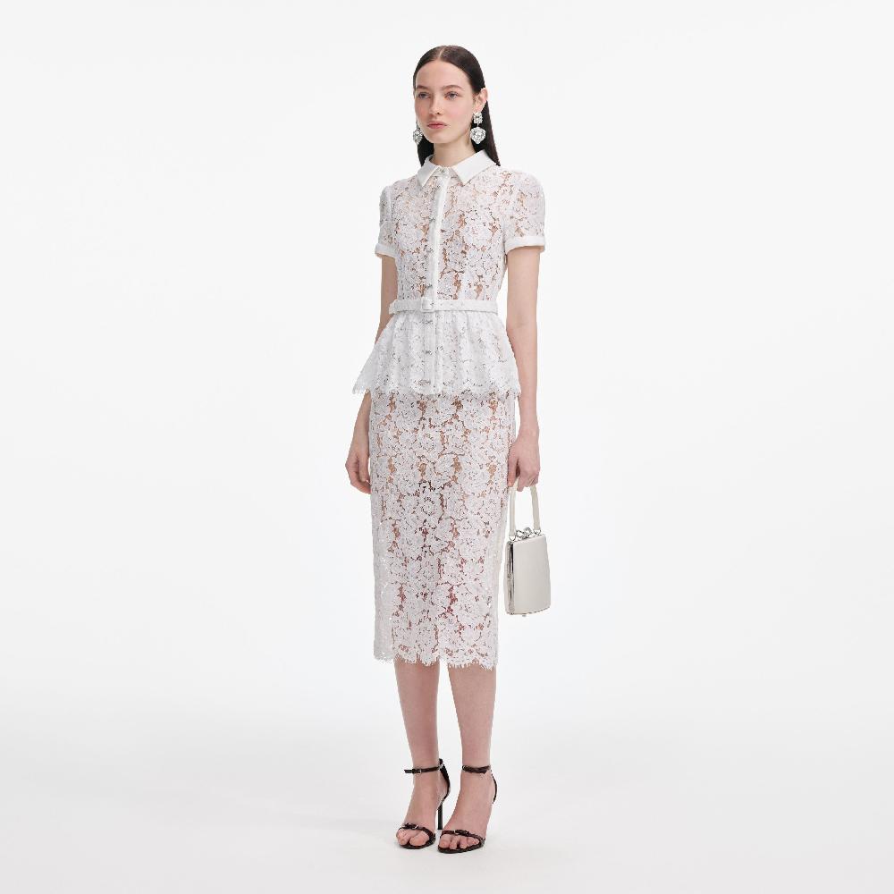 Self Portrait White Lace Peplum Midi Dress CLOTHING