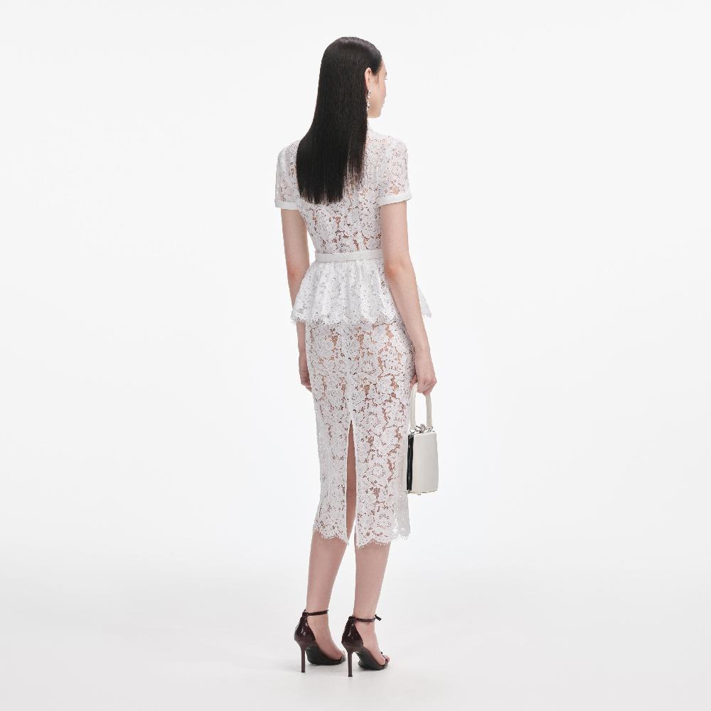 Self Portrait White Lace Peplum Midi Dress CLOTHING
