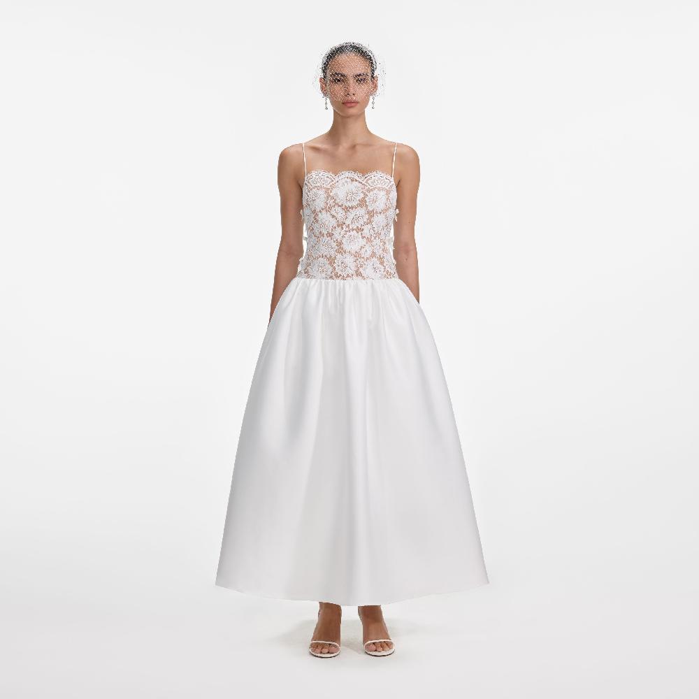 self portrait White Lace Taffeta Maxi Dress CLOTHING