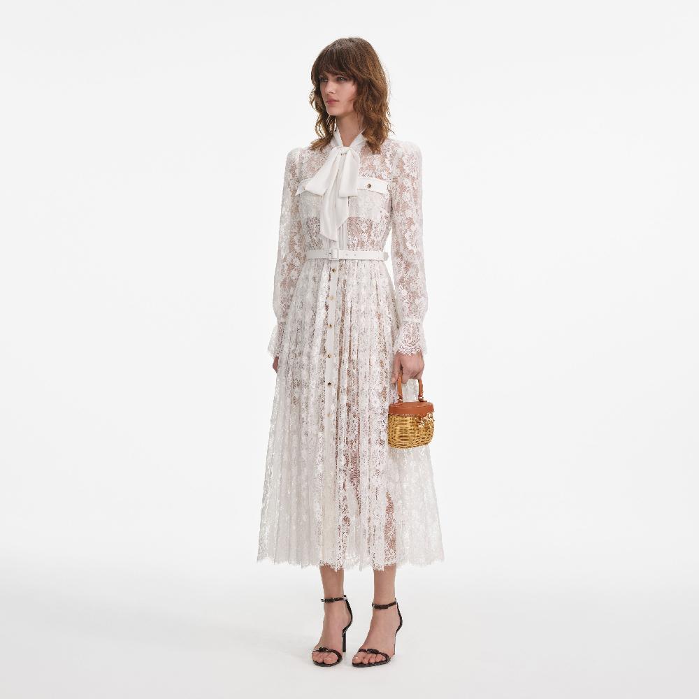 Self Portrait White Lace Tie Neck Midi Dress CLOTHING