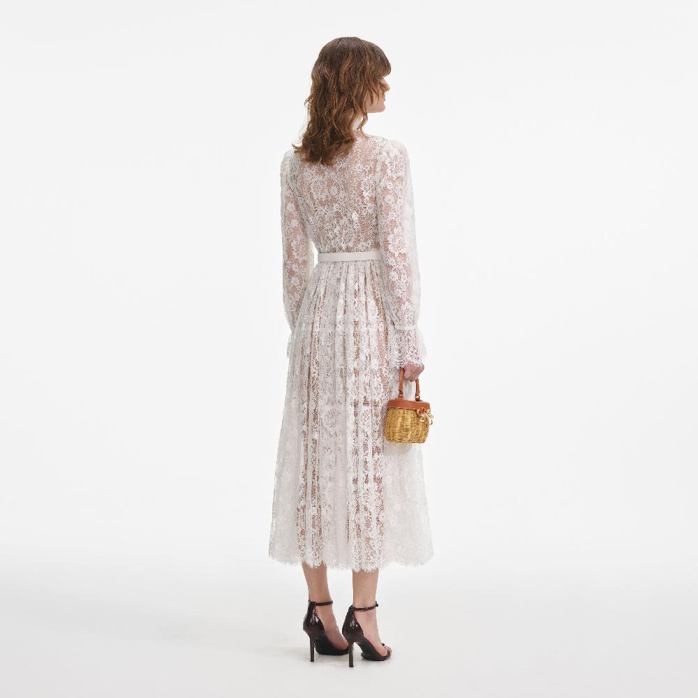 Self Portrait White Lace Tie Neck Midi Dress CLOTHING