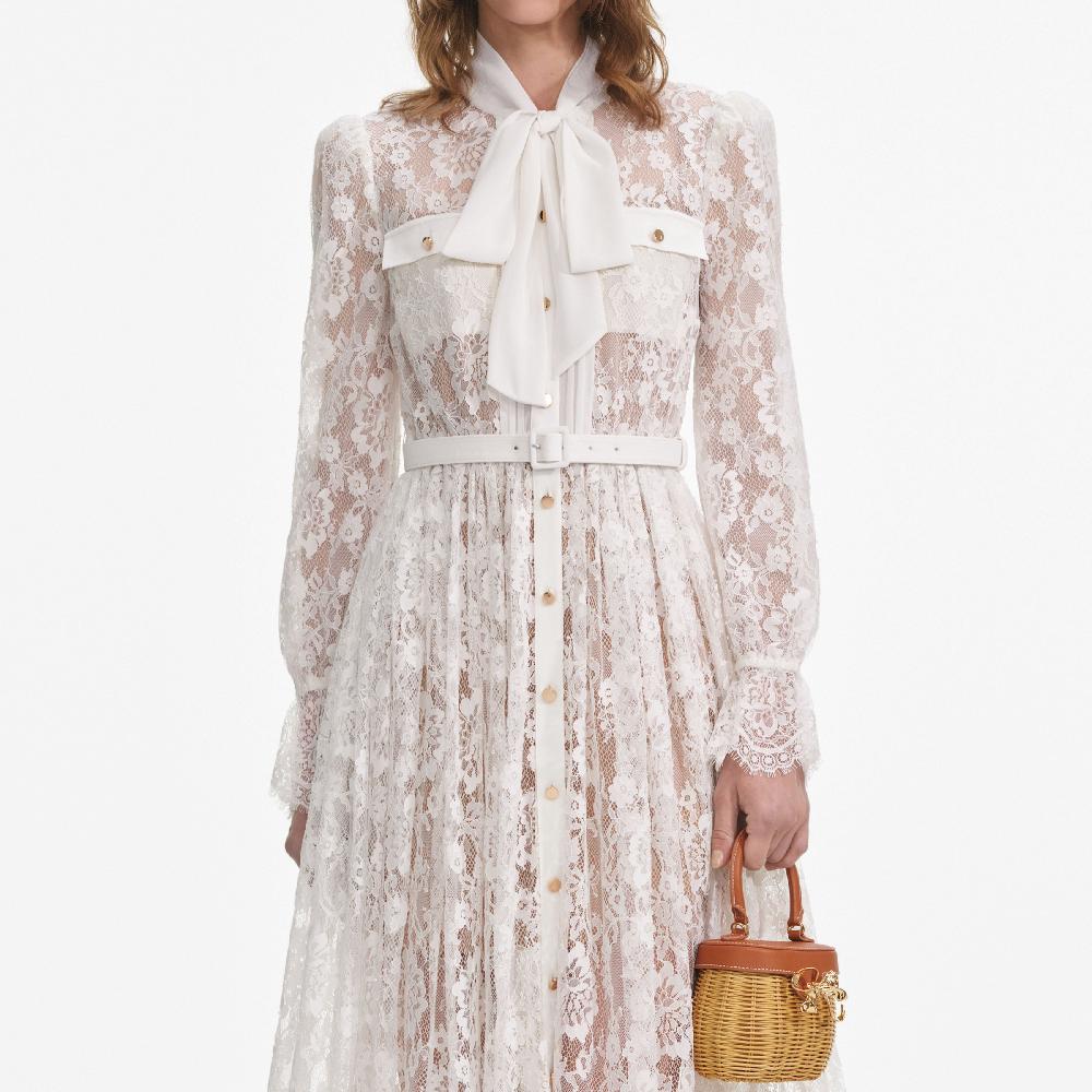 Self Portrait White Lace Tie Neck Midi Dress CLOTHING