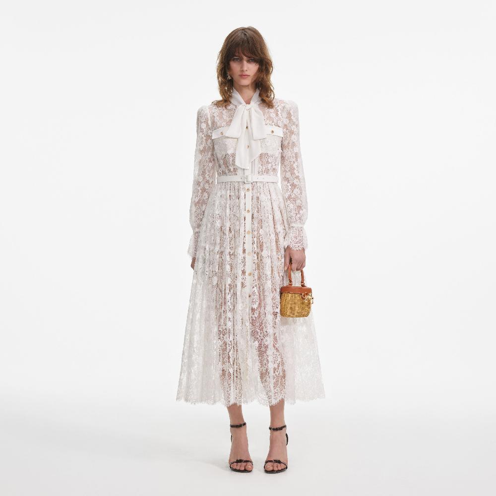 self portrait White Lace Tie Neck Midi Dress CLOTHING