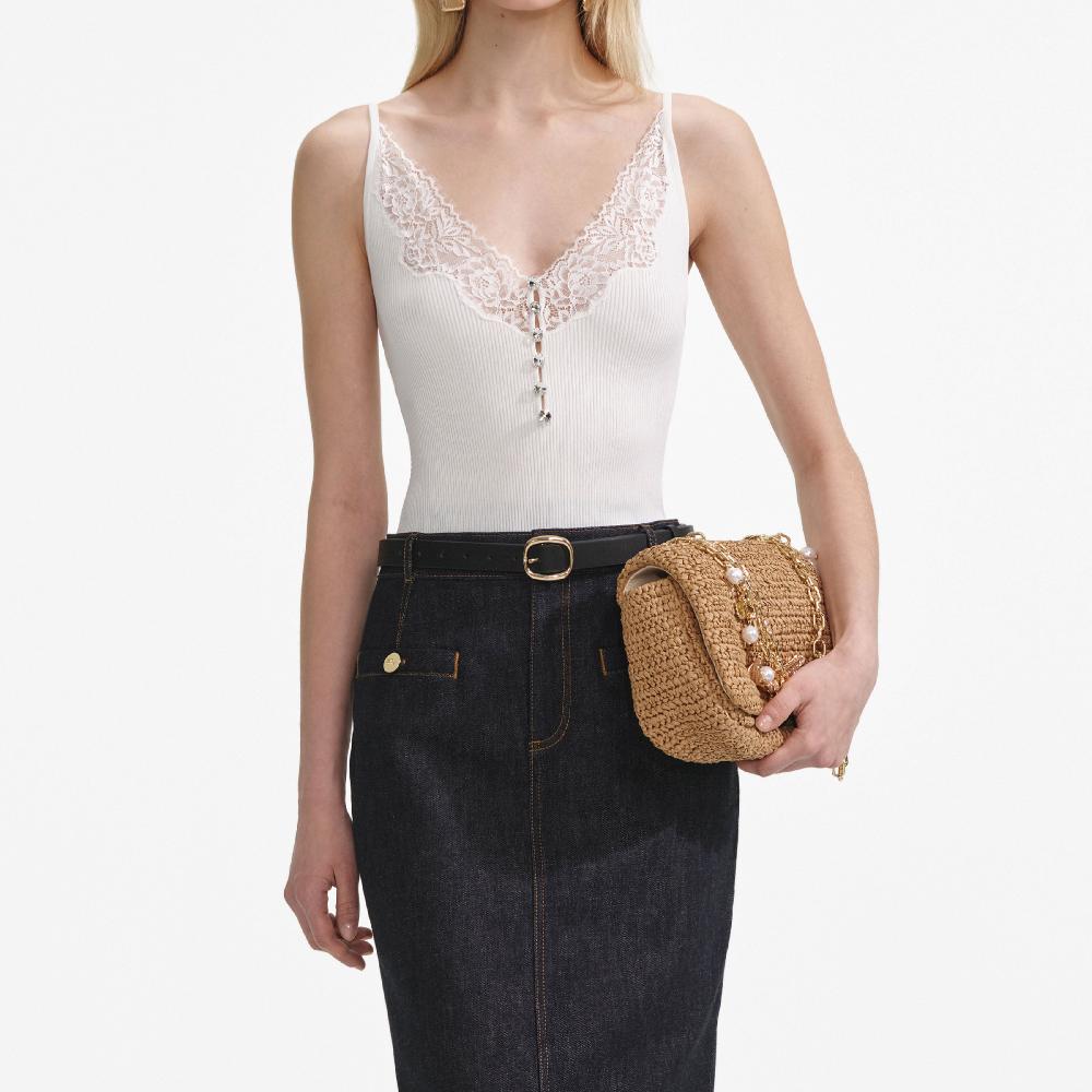 Self Portrait White Lace Trim Rib Knit Top CLOTHING