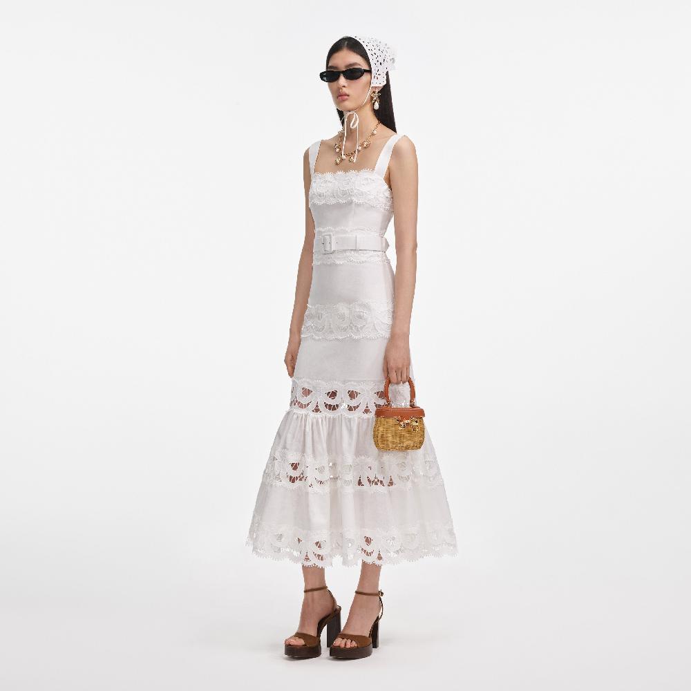 Self Portrait White Linen Lace Insert Midi Dress CLOTHING
