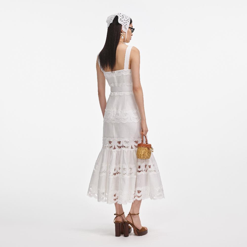 Self Portrait White Linen Lace Insert Midi Dress CLOTHING