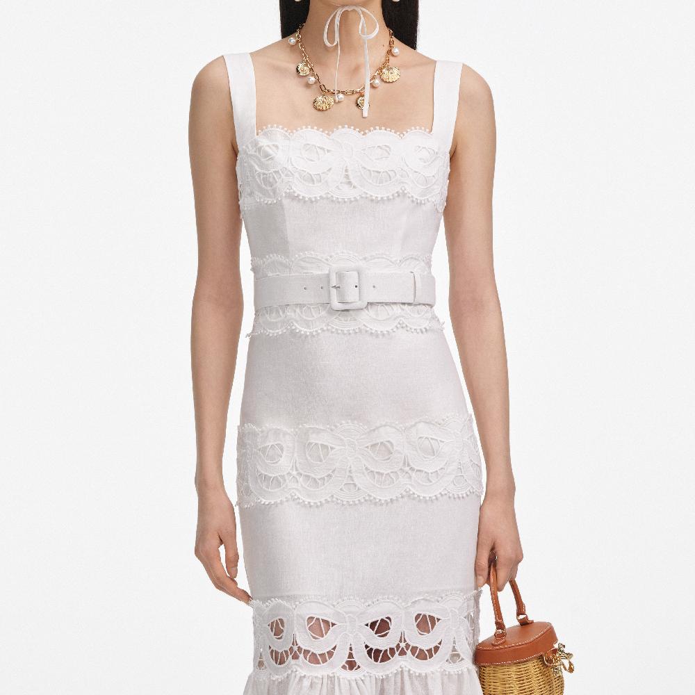 Self Portrait White Linen Lace Insert Midi Dress CLOTHING