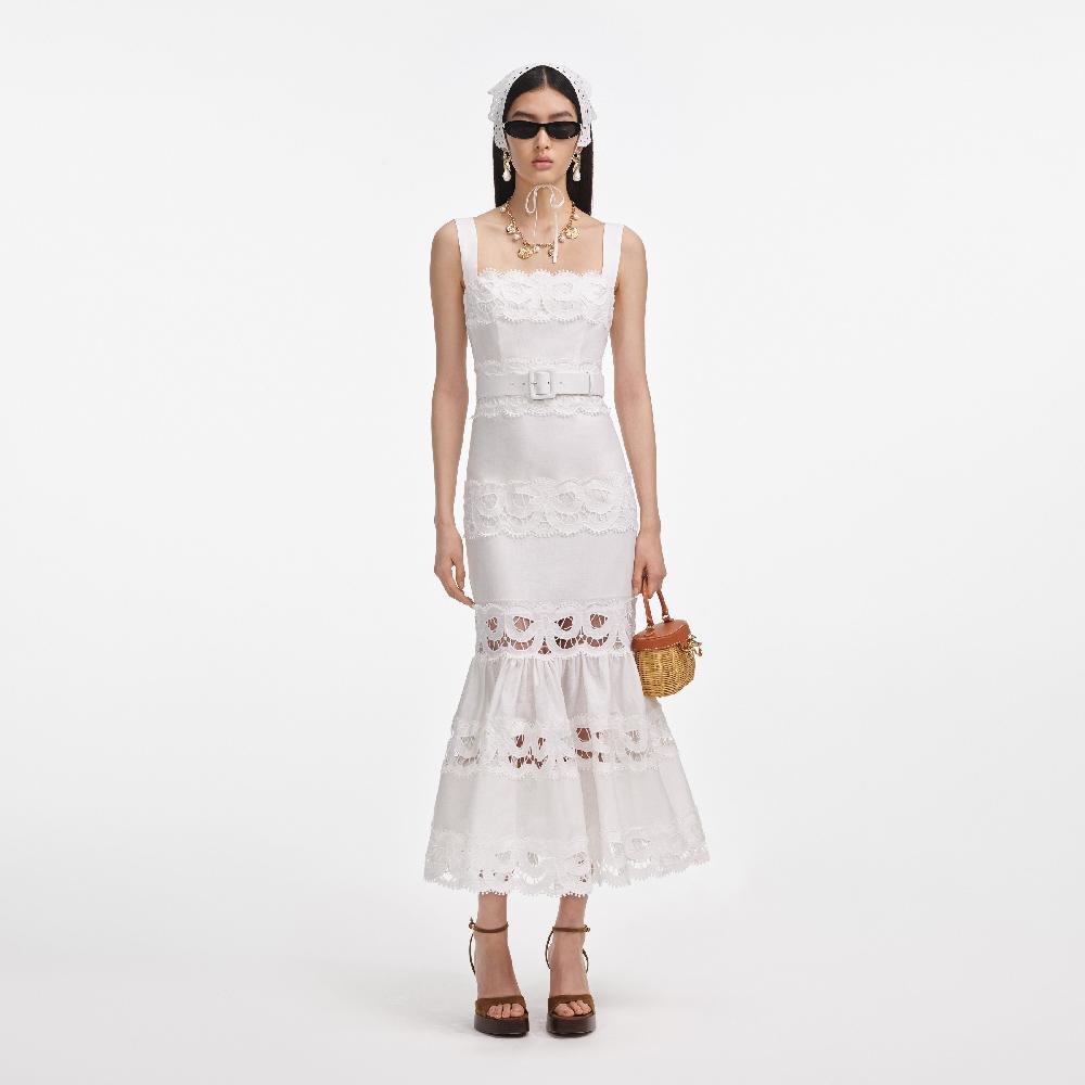self portrait White Linen Lace Insert Midi Dress CLOTHING