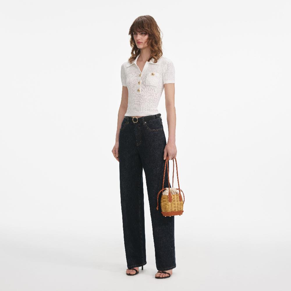 Self Portrait White Pointelle Collared Knit Top CLOTHING