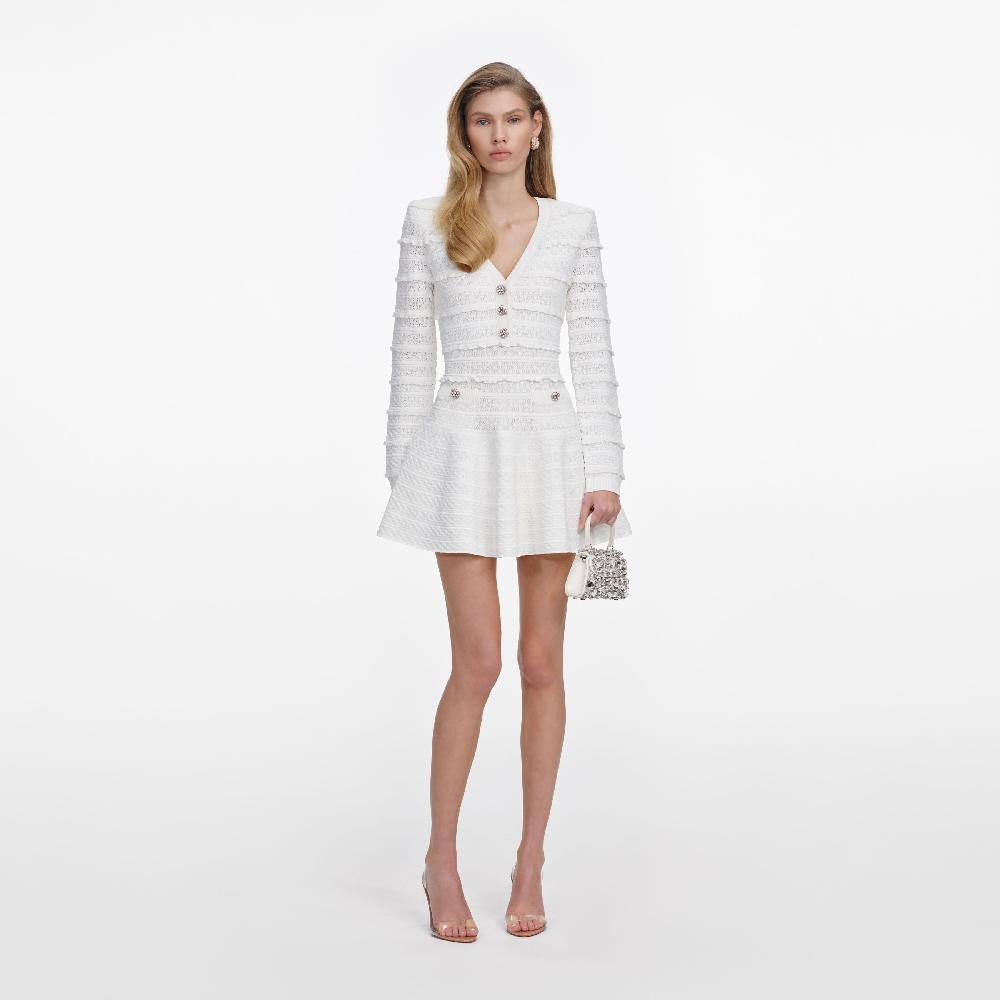 self portrait White Pointelle Diamante Knit Mini Dress CLOTHING