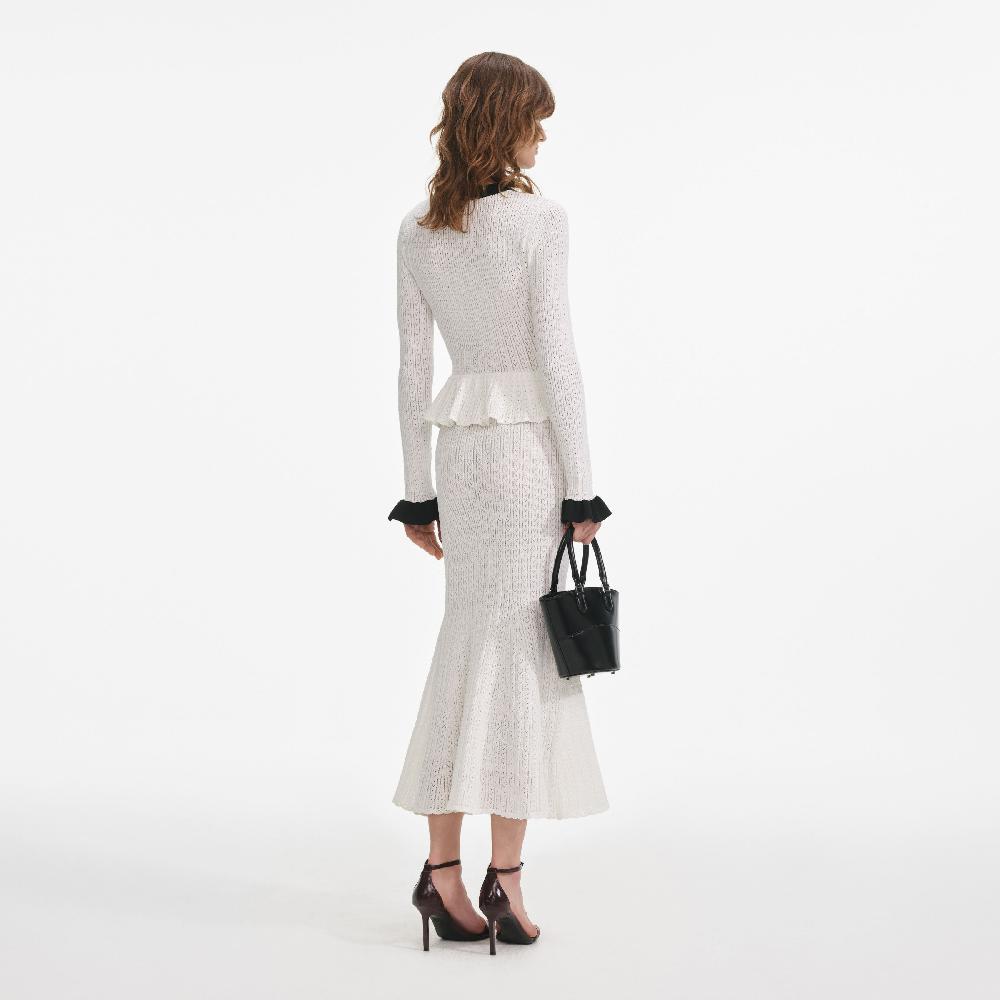 Self Portrait White Pointelle Knit Contrast Midi Dress CLOTHING