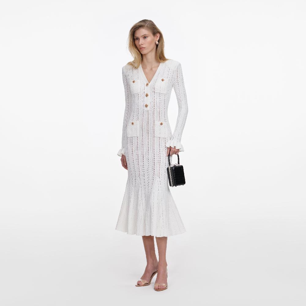 Self Portrait White Pointelle Knit Midi Dress CLOTHING