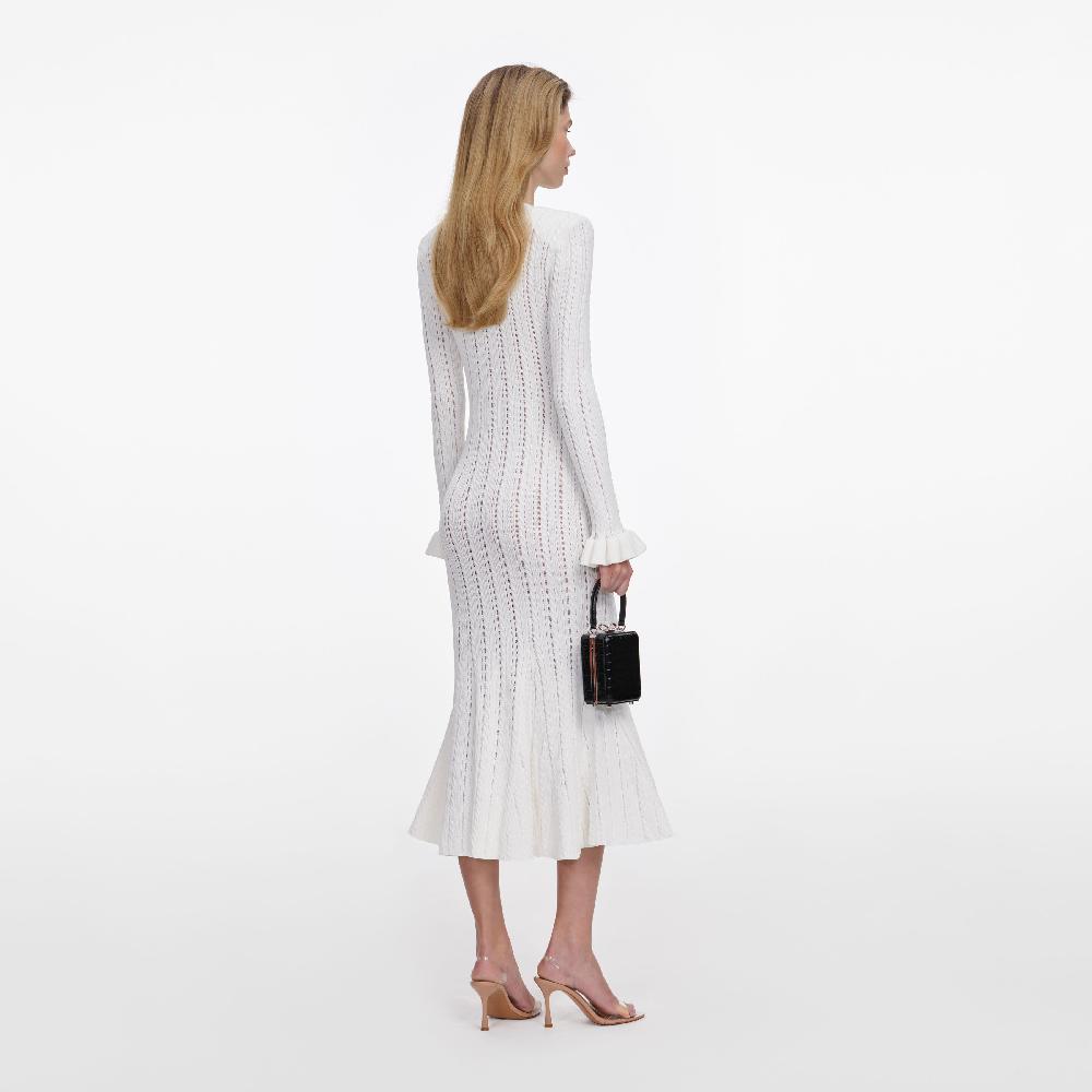 Self Portrait White Pointelle Knit Midi Dress CLOTHING