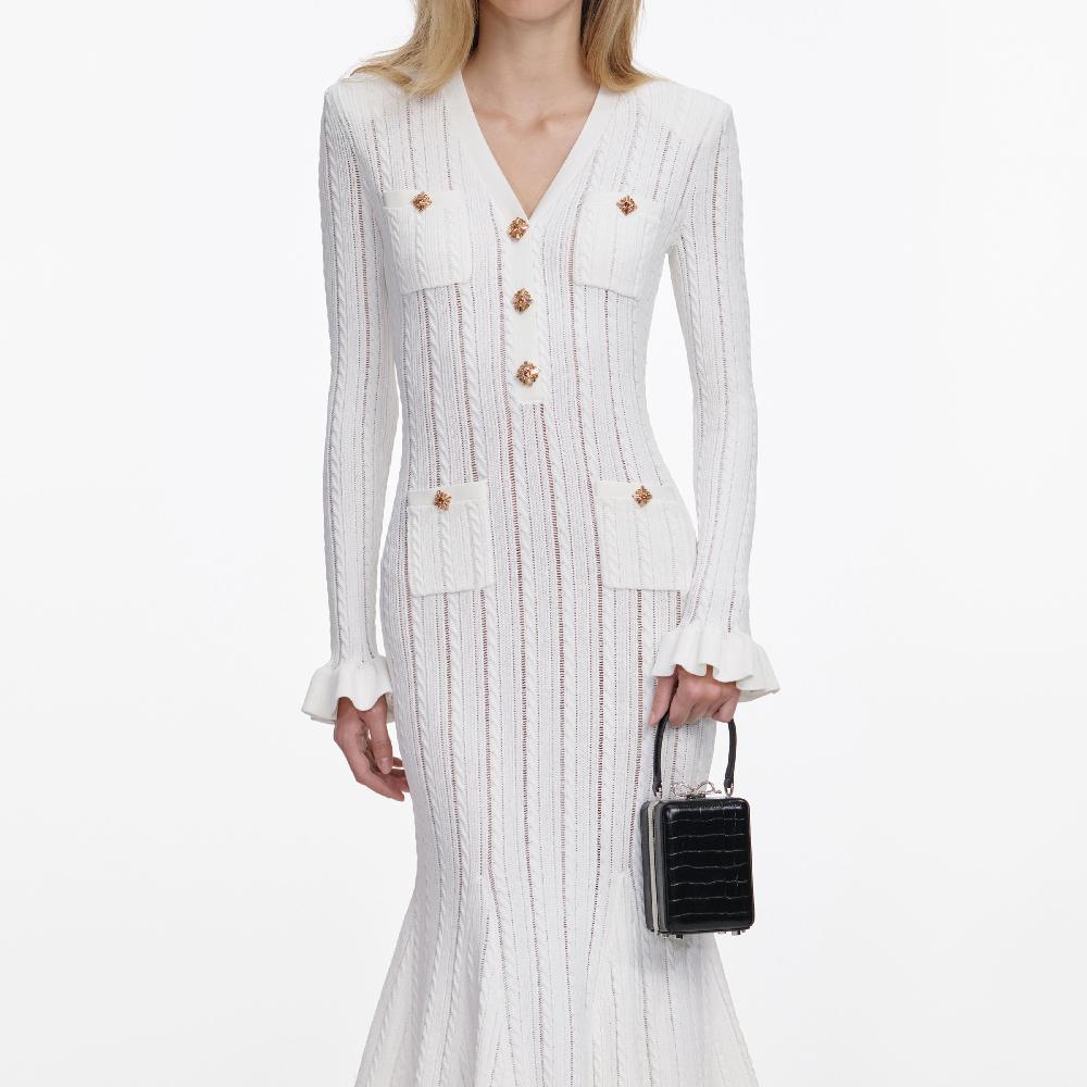 Self Portrait White Pointelle Knit Midi Dress CLOTHING
