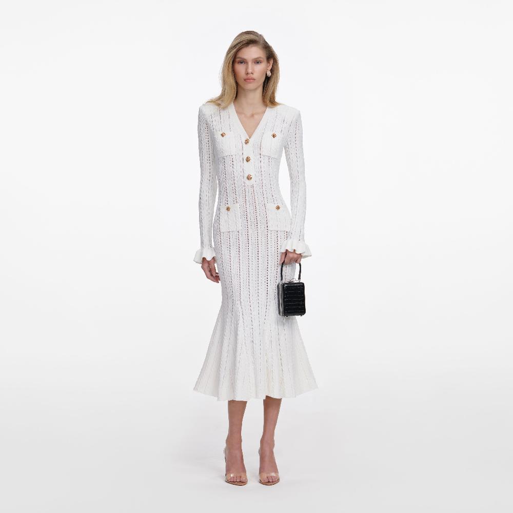 self portrait White Pointelle Knit Midi Dress CLOTHING