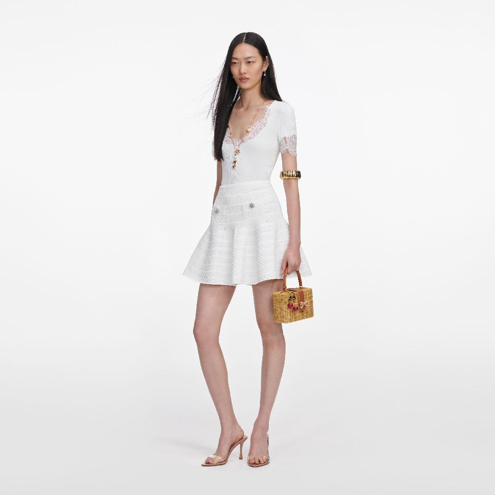 Self Portrait White Pointelle Knit Mini Skirt CLOTHING