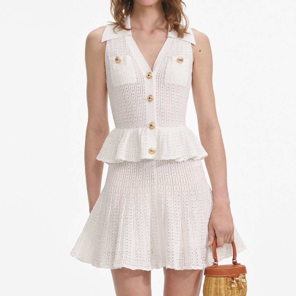 Self Portrait White Pointelle Peplum Knit Mini Dress CLOTHING