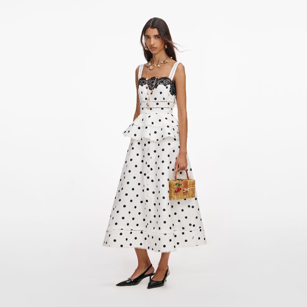 Self Portrait White Polka Dot Linen Midi Dress CLOTHING