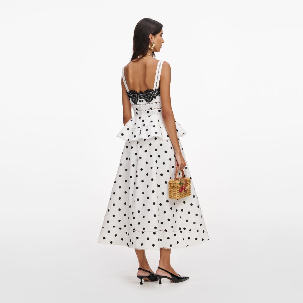 Self Portrait White Polka Dot Linen Midi Dress CLOTHING