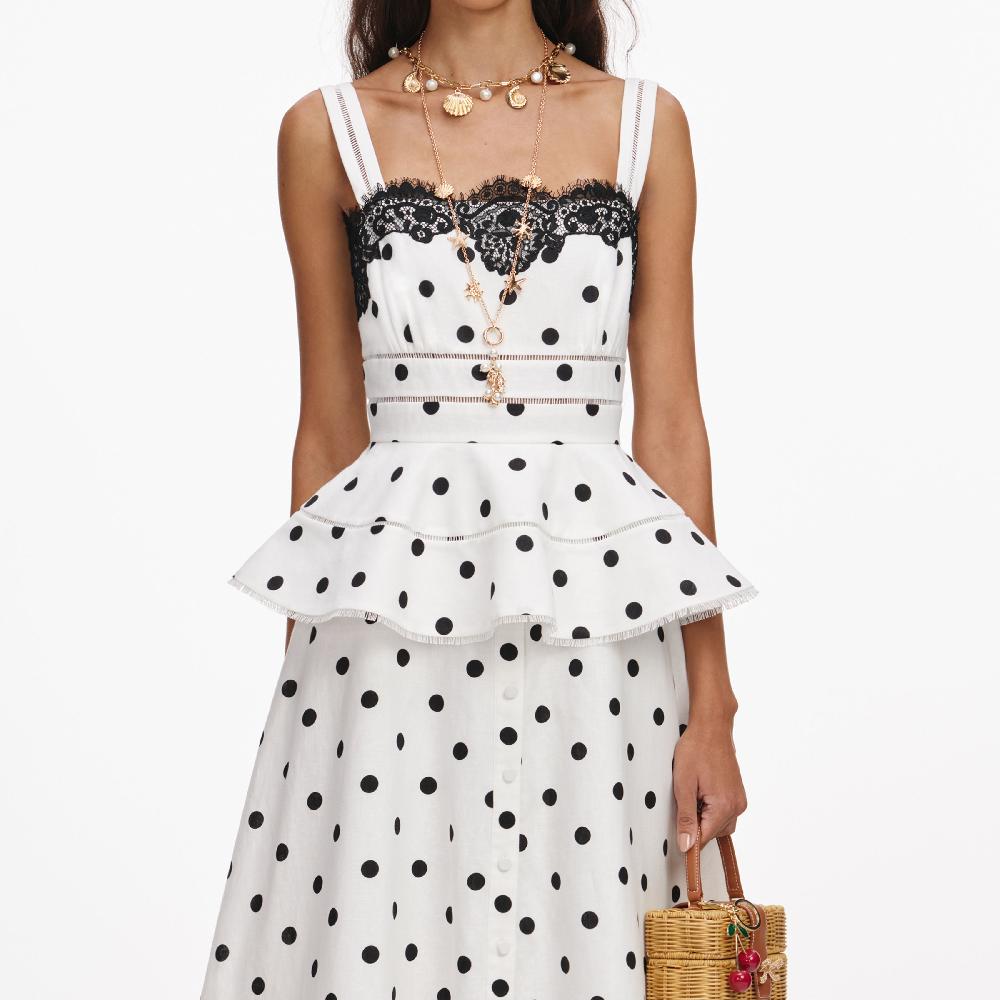 Self Portrait White Polka Dot Linen Midi Dress CLOTHING