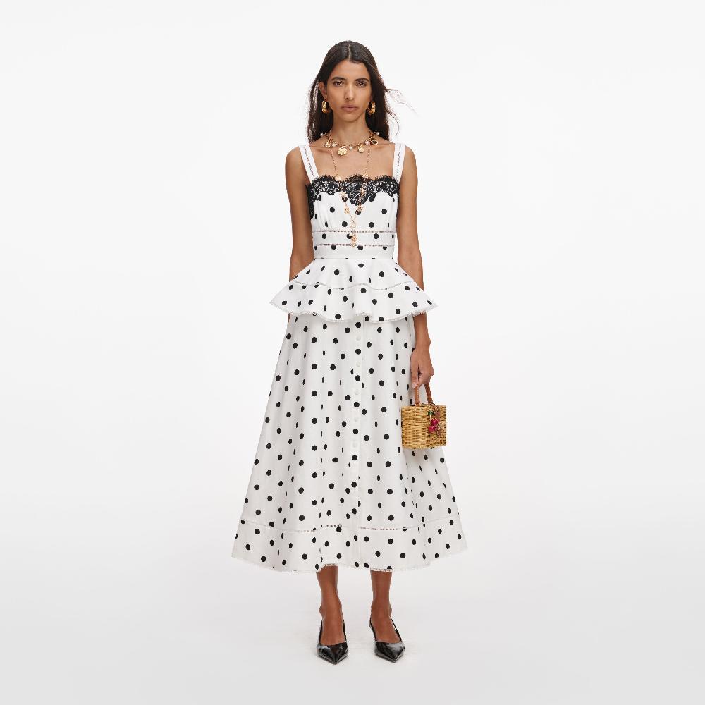 self portrait White Polka Dot Linen Midi Dress CLOTHING
