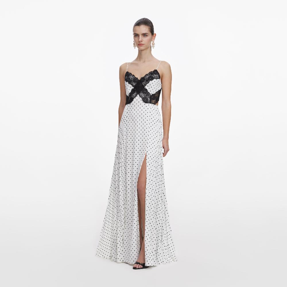 Self Portrait White Polka Dot Satin Lace Maxi Dress CLOTHING