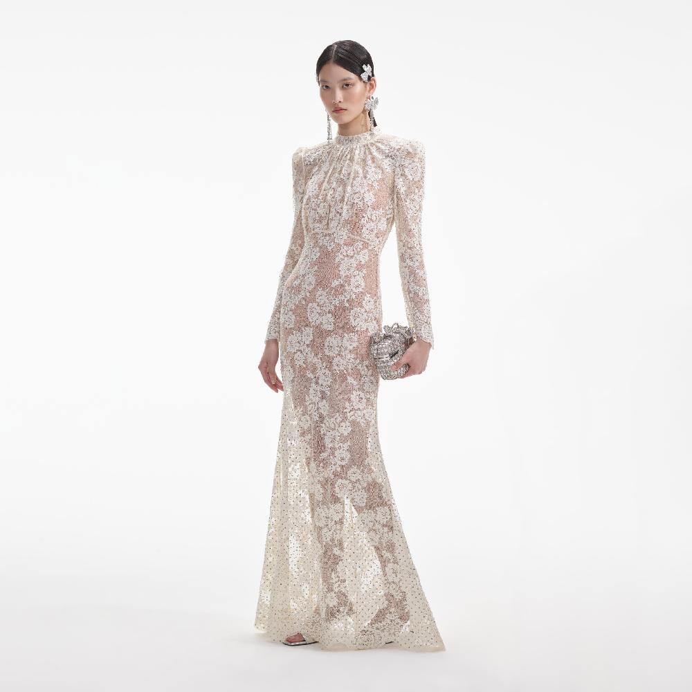 Self Portrait White Rhinestone Lace Maxi Dress CLOTHING