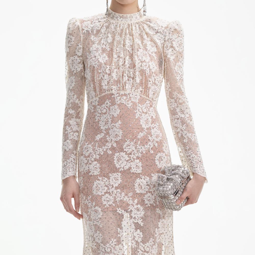 Self Portrait White Rhinestone Lace Maxi Dress CLOTHING