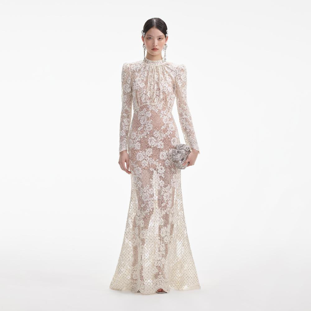 self portrait White Rhinestone Lace Maxi Dress CLOTHING