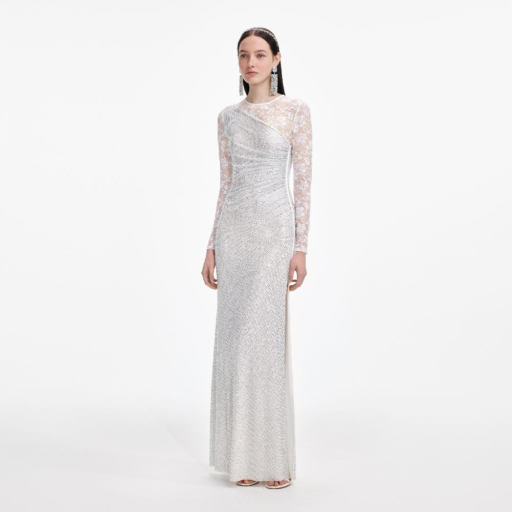 Self Portrait White Rhinestone Lace Sleeves Maxi Dress CLOTHING