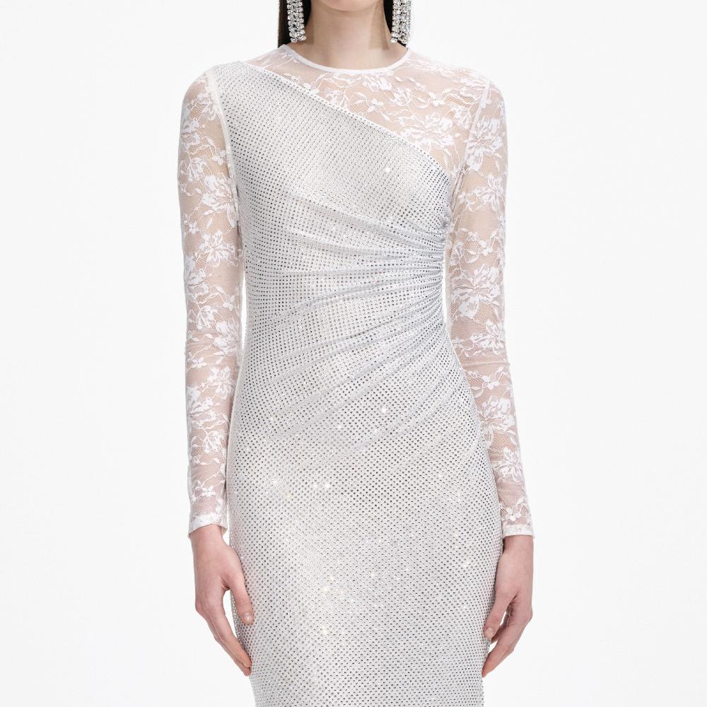 Self Portrait White Rhinestone Lace Sleeves Maxi Dress CLOTHING