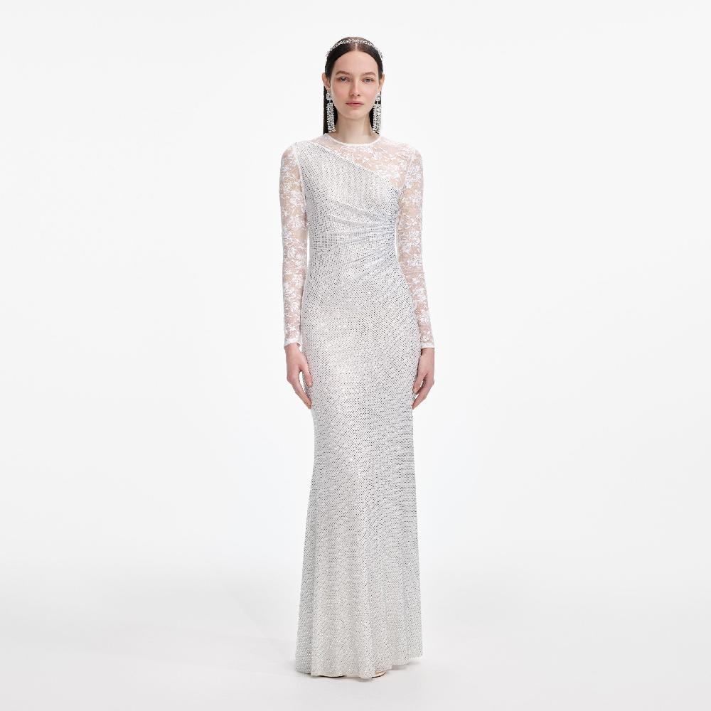 self portrait White Rhinestone Lace Sleeves Maxi Dress CLOTHING