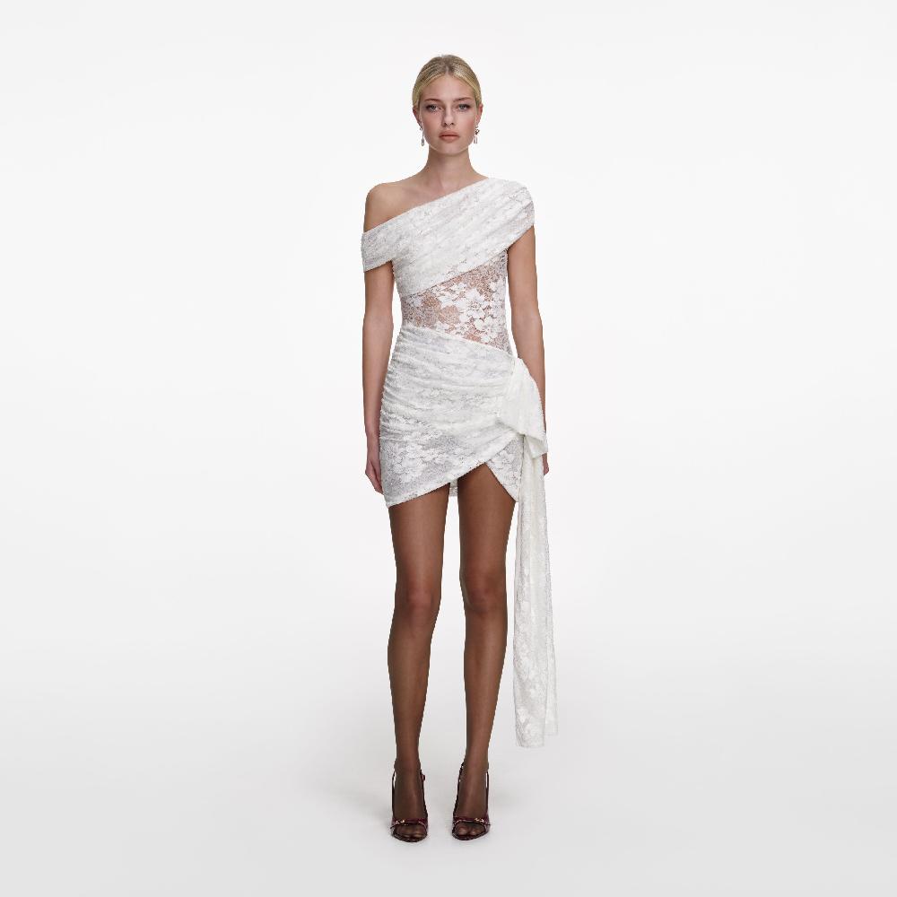 self portrait White Rhinestone Lace Tie Side Mini Dress CLOTHING