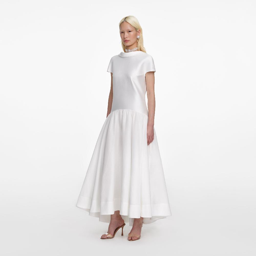 Self Portrait White Satin Ramie Midi Dress CLOTHING