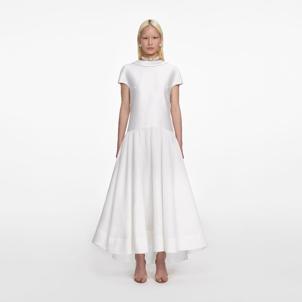 self portrait White Satin Ramie Midi Dress CLOTHING