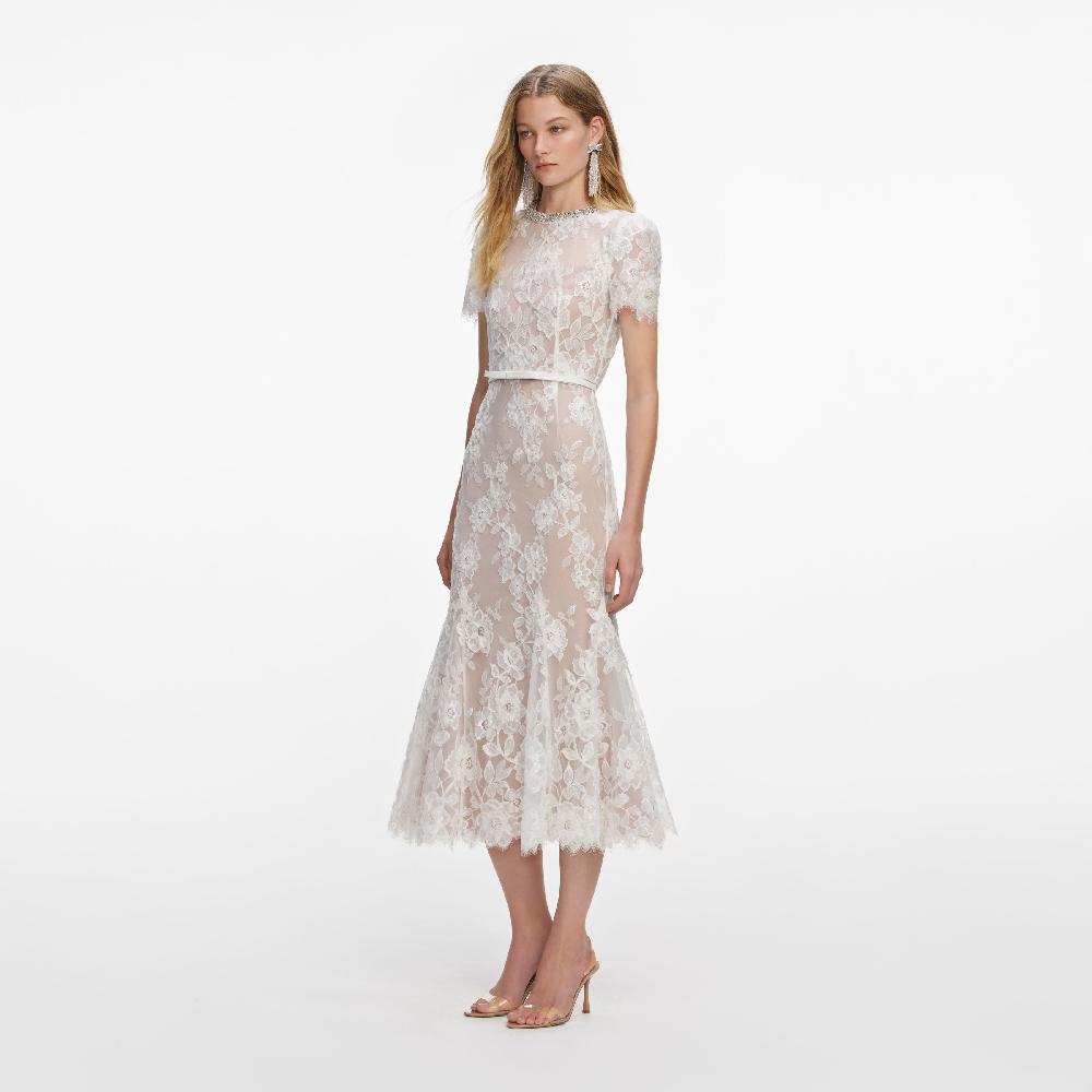 Self Portrait White Sequin Lace Midi Dress CLOTHING