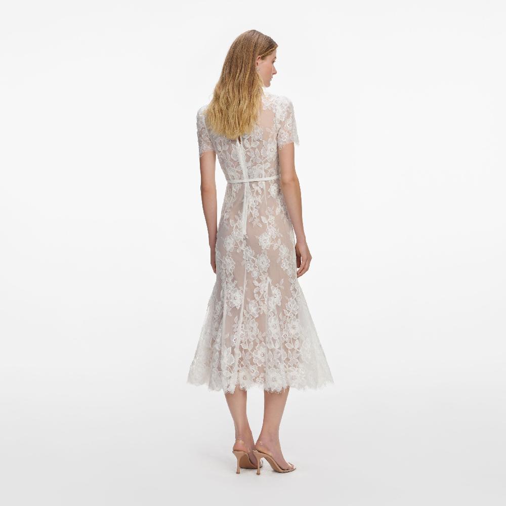 Self Portrait White Sequin Lace Midi Dress CLOTHING