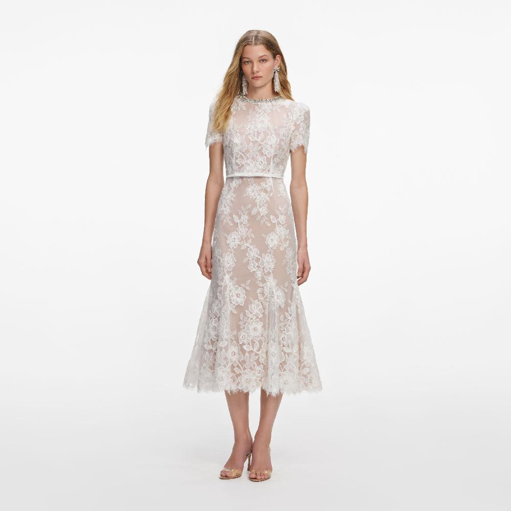 self portrait White Sequin Lace Midi Dress CLOTHING