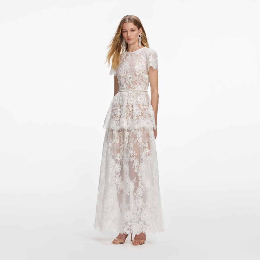Self Portrait White Sequin Lace Tiered Maxi Dress CLOTHING