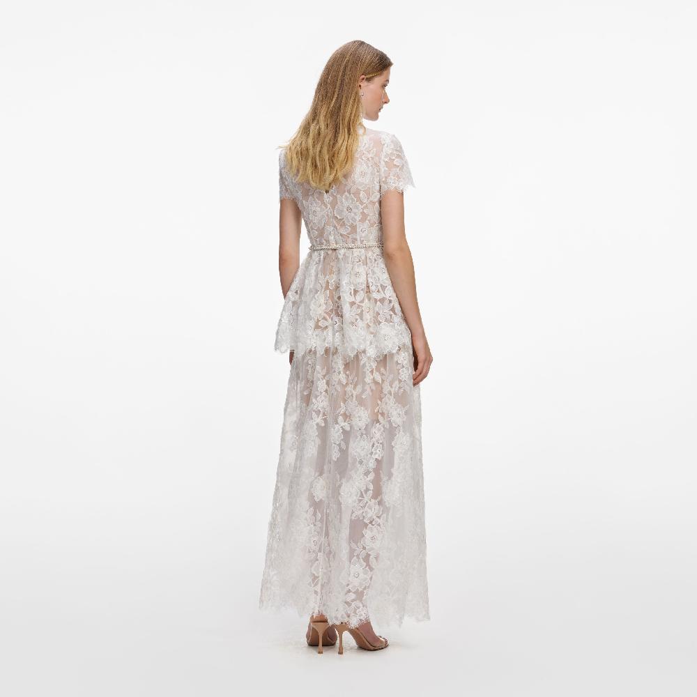 Self Portrait White Sequin Lace Tiered Maxi Dress CLOTHING