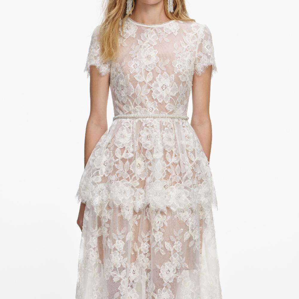 Self Portrait White Sequin Lace Tiered Maxi Dress CLOTHING