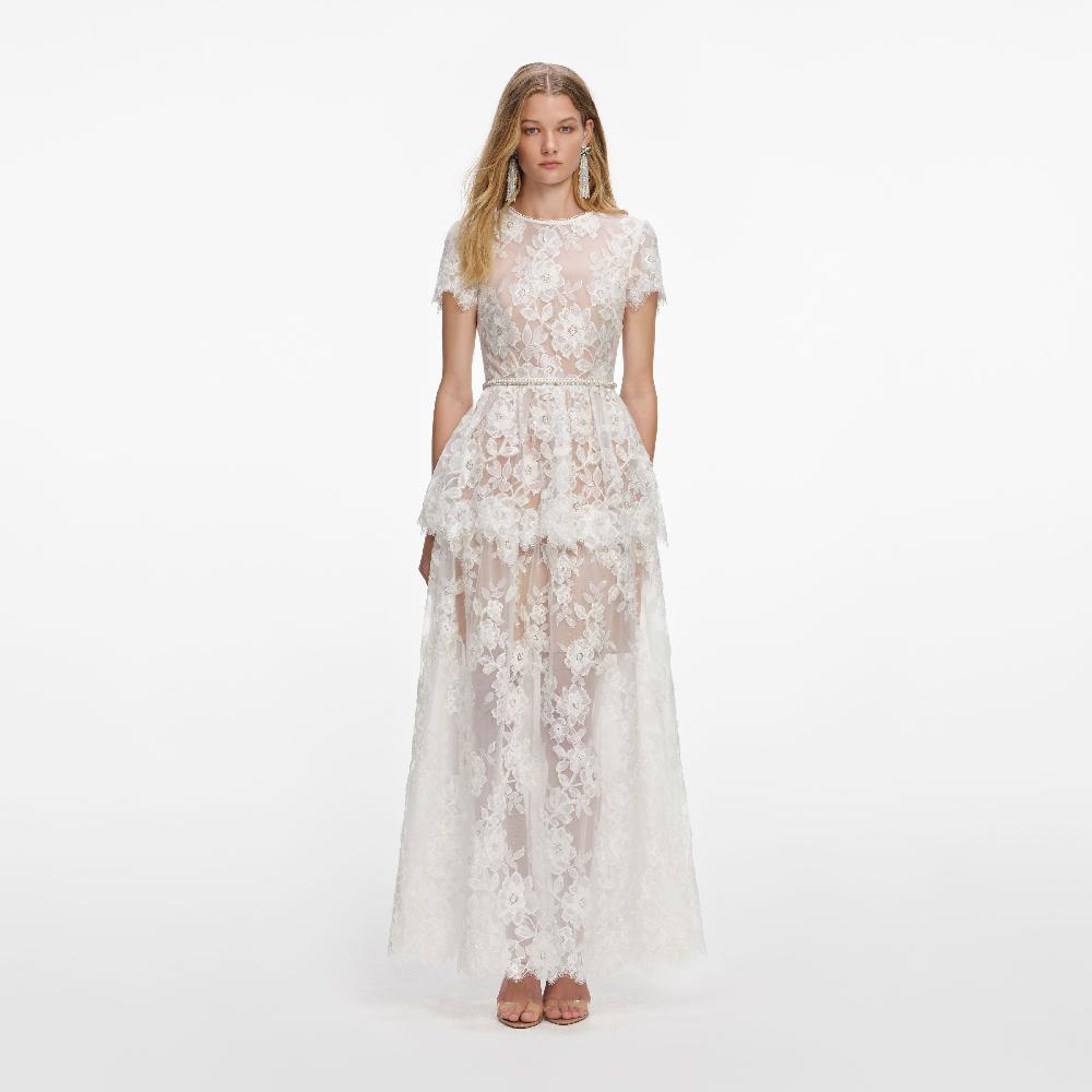 self portrait White Sequin Lace Tiered Maxi Dress CLOTHING