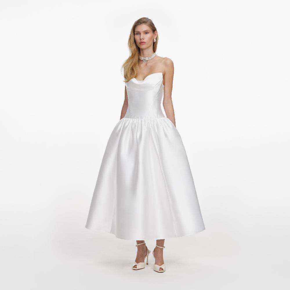 Self Portrait White Taffeta Strapless Midi Dress CLOTHING