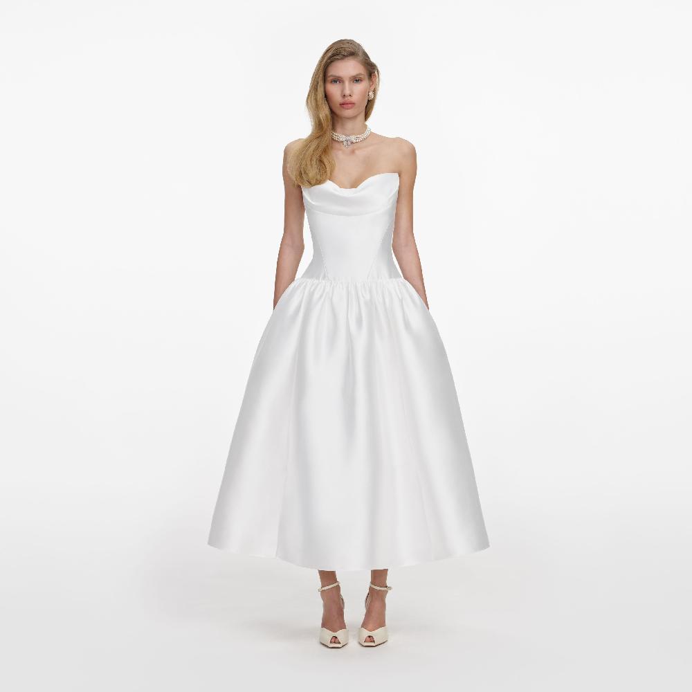 self portrait White Taffeta Strapless Midi Dress CLOTHING