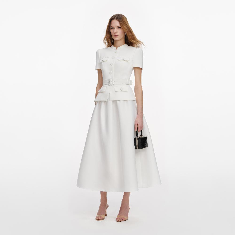 Self Portrait White Tailored Taffeta Midi Dress CLOTHING