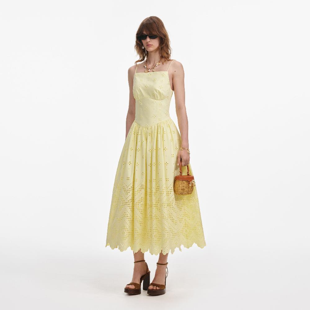 Self Portrait Yellow Cotton Broderie Midi Dress CLOTHING