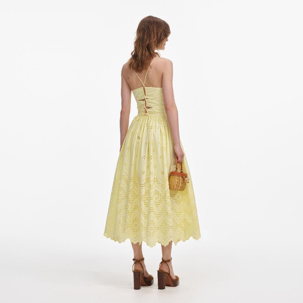 Self Portrait Yellow Cotton Broderie Midi Dress CLOTHING