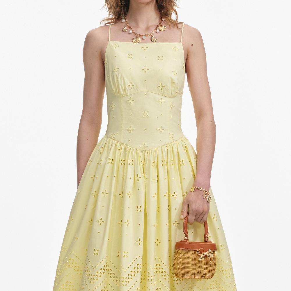 Self Portrait Yellow Cotton Broderie Midi Dress CLOTHING