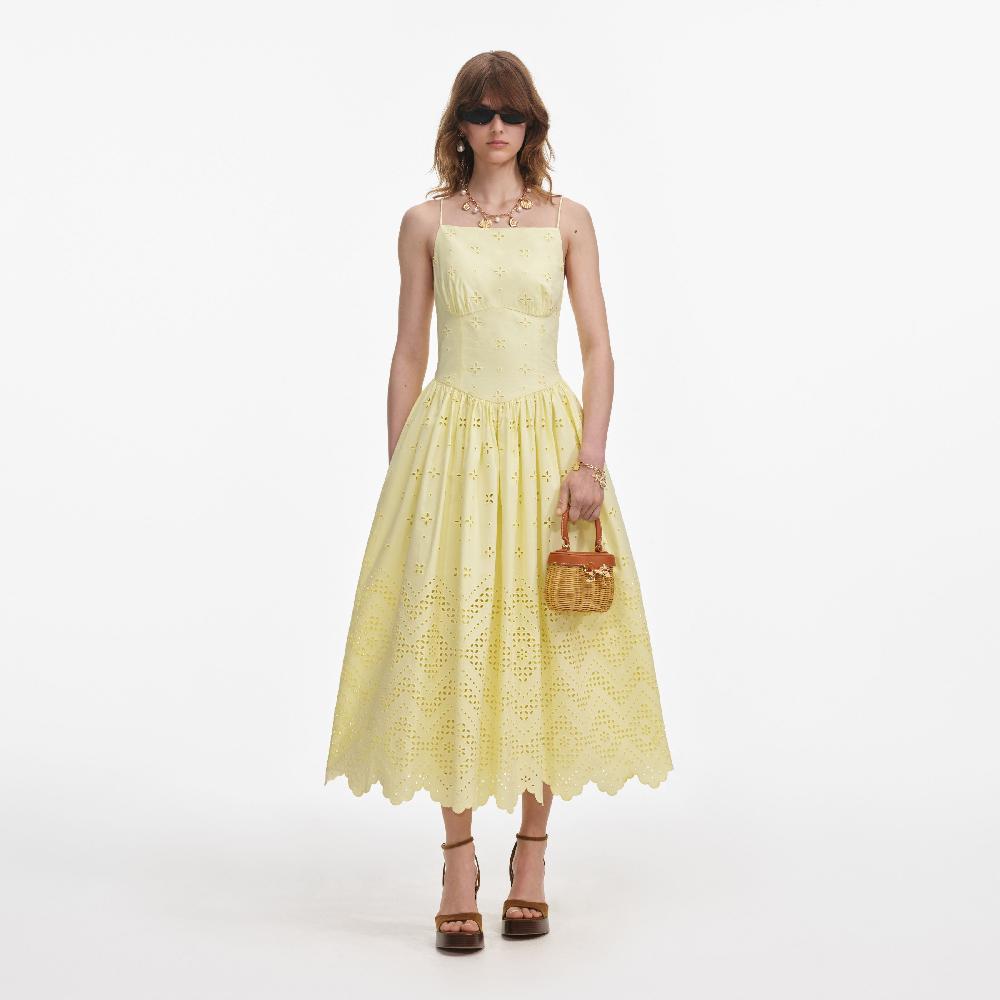 self portrait Yellow Cotton Broderie Midi Dress CLOTHING