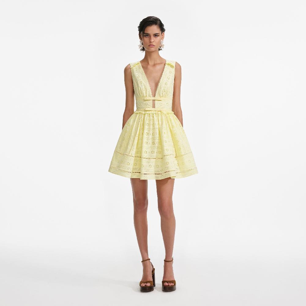 self portrait Yellow Cotton Broderie Mini Dress CLOTHING